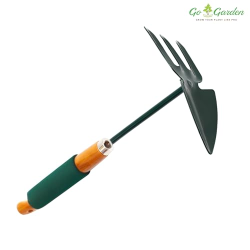 Image of Go Garden 2 in 1 Double Hand Hoe Gardening Tool with Wooden Handle - Hand-Held Dual-Sided Garden Cultivator Weeding Combo | Durable, Efficient, and Ergonomic Design for Easy Garden Maintenance