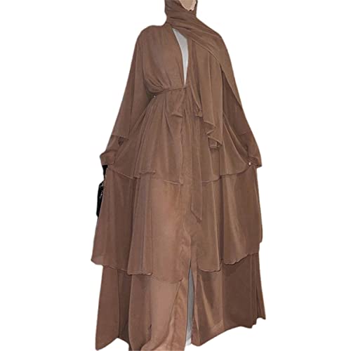 Robe kimono mousseline Dubaï, abaya cardigan vêtement islamique femmes marron de taille XXL