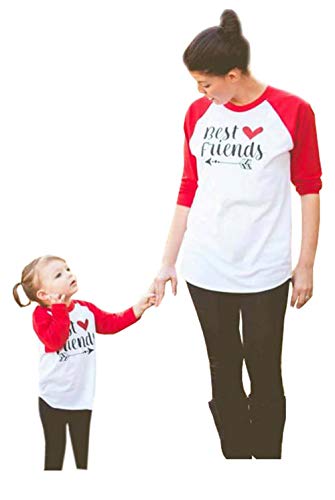 Family Matching Clothes Letter Print Round Neck Long Sleeve T-Shirt Mommy and Me Matching Tee Blouse(Red,Kid/S(3-4T))