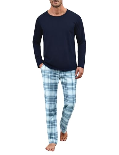 Uniexcosm Pijama de Hombre Algodón de Cuadros Manga Larga Con Bolsillo Ropa de Casa Cuello Redondo Conjunto Suave Para Casual Hogar A:Pat S