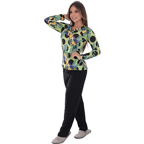 KIT 2 PIJAMAS DE INVERNO MANGA LONGA BICOLOR FEMININO MAIS BONITA (G, Onça/Tropical)