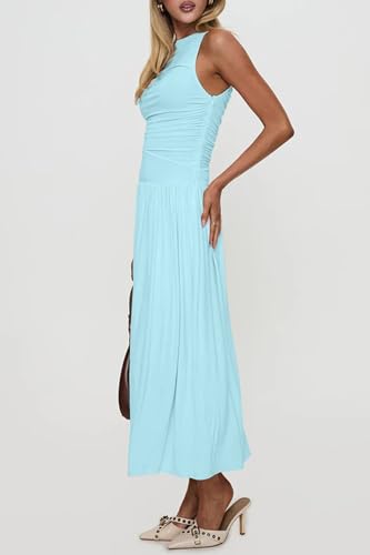 Image of Womens Summer Casual Midi Maxi Dress 2026 Sleeveless Ruched A Line Flowy Cocktail Wedding Guest Beach Long Sundress