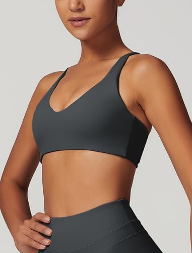 Image of ABOCIW Womens V Neck Twist Back Sports Bra Padded Low Impact Fitness Yoga Bra Workout Crop Top