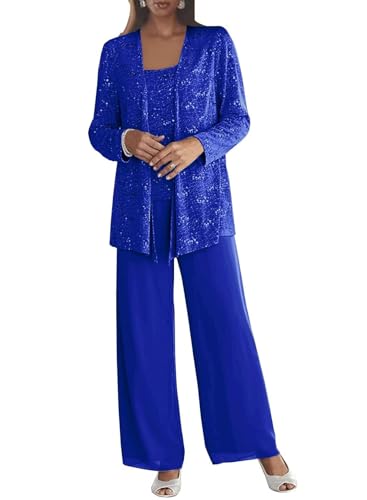 Royal Blue Formal Pant Suits for Women Dressy Wedding Guest 3 Pieces Chiffon Mother of The Bride Pant Suits with Jacket Size 8