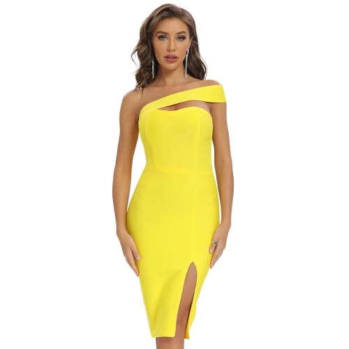 Image of Women's One Shoulder Bandage Dress for Women Wedding Guest Cocktail Party Midi Dress