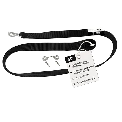 EZ-Xtend Pontoon Ladder Pull Up Strap Using Snap Hook System - Made with Heavy Duty 4500 LB Breaking Strength 1" Black Polyester Webbing, Stainless Steel Snap Hook, and Lifetime Thread