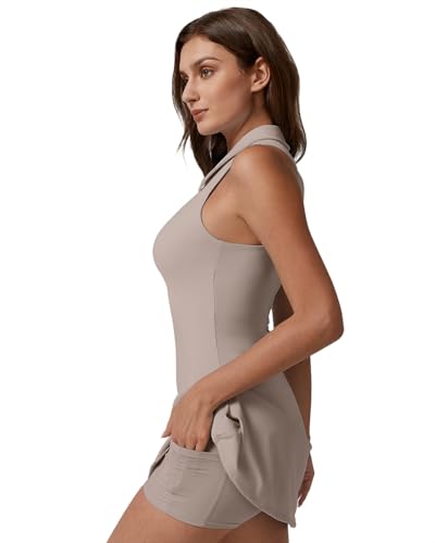 Image of QINSEN Womens Zip Front Tennis Dress Polo Collar Racer Back Workout Golf Dresses Build in Shorts with Pockets
