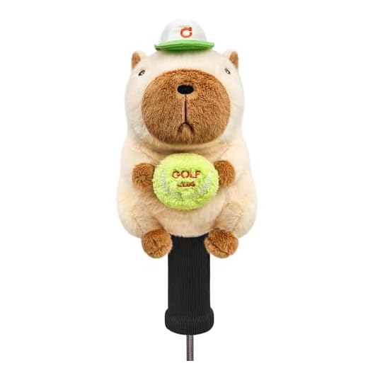 RLOMUTE Novelty Animal Golf Club Head Covers - Soft Dust-Proof Portable for Driver/Fairway/Hybrid (1.F.H), Funny Gift for Men Women Kids Golfers - Capybara wearing a green baseball cap
