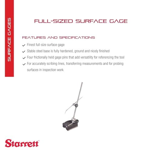 Image of Starrett Full-Sized Surface Gage with Fully Hardened, Ground and Nicely Finished Stable Steel Base - 9 inch Spindle Length, 2-7 /8 x 2-3 /8 inch Base Size - 257A