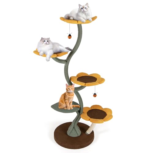 COSTWAY Albero per Gatti, Tiragraffi per Gatti a Forma di Girasole con 4 Piattaforme a Forma di Fiore, Pali Tiragraffi, Base Rotonda Ampia, Piattaforma Imbottita e Pallina Sospesa, Mobili Arrampicata