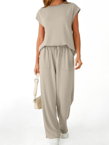 AUTOMET Women's 2 Piece Lounge Set Casual Cap Sleeve Top Wide Leg Pants Summer Vacation Outfits4