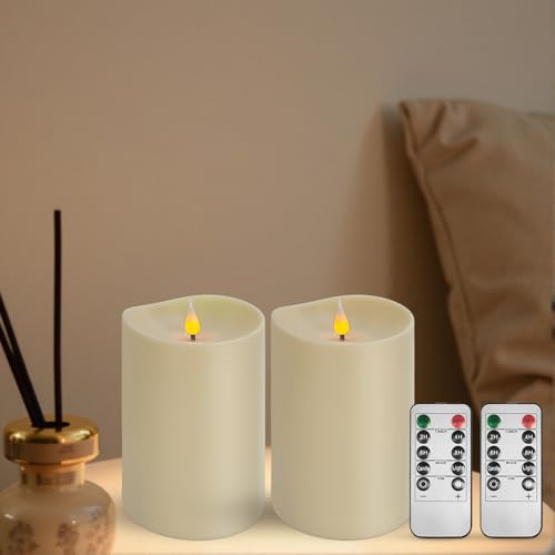 Image of Set of 2 Flameless LED Candles with 2 Remotes, 4x6 Inch Battery Powered Plastic Pillar Candles, Flickering Flame with Timer & Dimming, Ivory - Elegant, Safe Lighting for Home, Wedding, Holiday