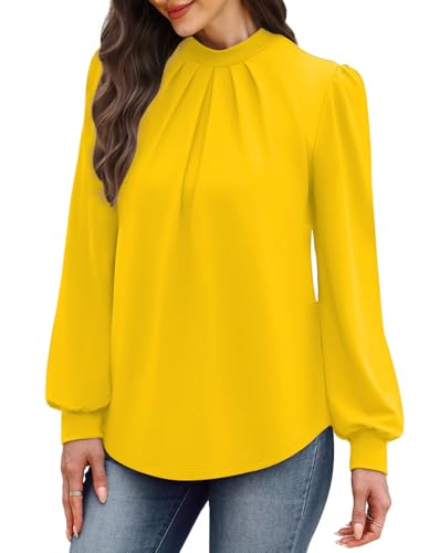 Image of WIHOLL Long Sleeve Shirts for Women Mock Neck Tops Pleated Front Blouses Dressy Casual Spring Fall Clothes 2026 Fashion