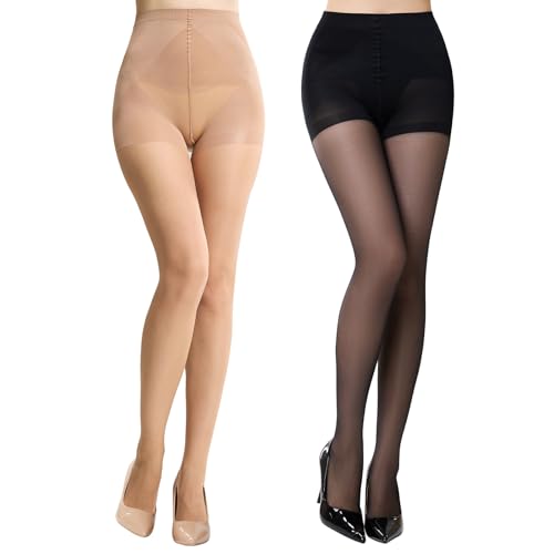Image of MANZI Control Top Pantyhose for Women 2 Pairs 20D Sheer Soft High Waist Tights Tummy Control Support Stockings