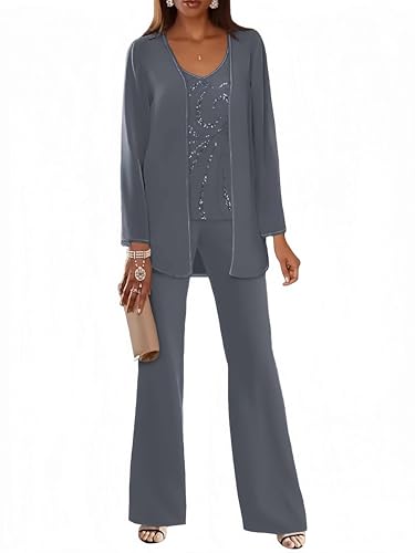 Plakend Elegant Chiffon Mother of The Bride Pant Suits Grey