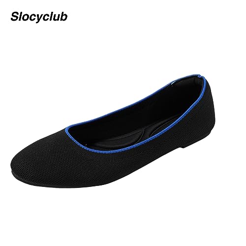Slocyclub Flats Shoes for Women, Washable Round Toe Knit Ballet Flats with Heel Cushions, Soft Slip on Flats(Black 8)