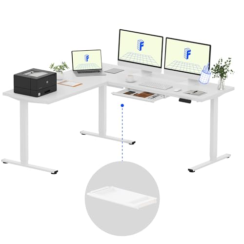 Image of FLEXISPOT L Shaped Standing Desk with Drawer, 71 x 63 Inch Electric Height Adjustable Corner Desk, Sit Stand Computer Workstation, Preset Controller, Home Office, White Frame with White Top