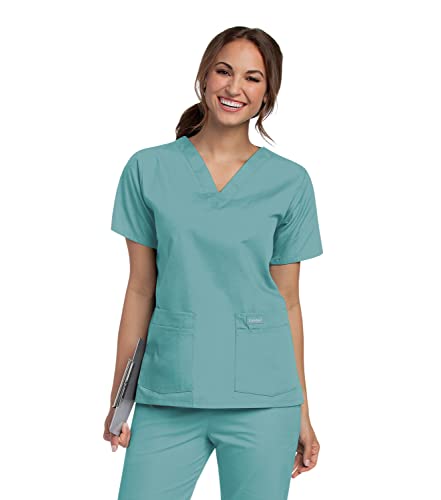 Landau Women's Standard Essentials Relaxed Fit 4-Pocket V-Neck Scrub Top 8219, Sea Mist, Medium #TOP14
