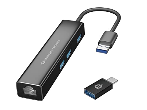 Conceptronic DONN07B/ Hub USB de 3 Puertos con Adaptador de Red Gigabit Incluido USB-C a USB-A Converter Hub de Interfaz USB 3.2 Gen 1 (3.1 Gen 1) Type-C 5000 Mbps, Color Negro Cover