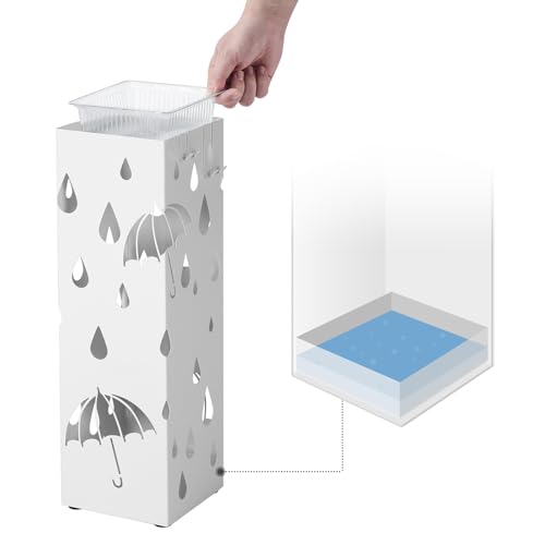 SONGMICS Regenschirmständer aus Metall, quadratischer Schirmständer, Wasserauffangschale herausnehmbar, mit Haken, 15,5 x 15,5 x 49 cm, weiß LUC49W