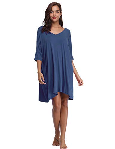 Fkidoly Camisón Suelto Modal Algodon para Mujer Cuello en V Manga 3/4 Camisón de Talla Grande Mujer Manga Corta Camisón Vestido Cover