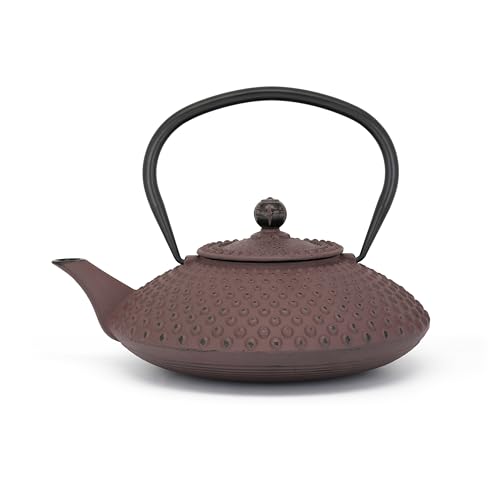 Bredemeijer Teiera piatta Asia in ghisa, 1,25 litri, melanzana, grande teiera smaltata a induzione con filtro in acciaio inox