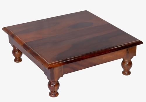 Image of Solid Sheesham Wood Pooja Chowki | Bajot | Multi-Purpose | Traditional Puja Altar & Modern Home Decor for Living Room, Bedroom | Meditation | 44 x 44 x 15 cm, Honey Finish