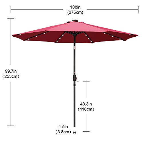 Image of ABCCANOPY Durable Solar Led Patio Umbrellas with 32LED Lights 9FT (Burgundy)