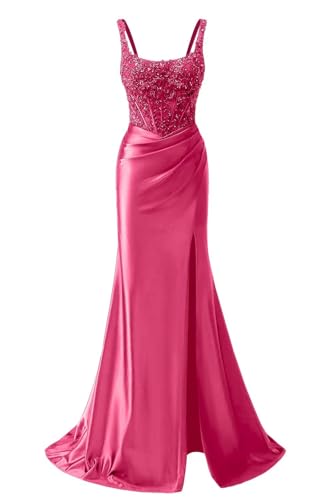 Satin Mermaid Spaghetti Straps Evening Dresses Long Lace Applique Sparkly Sequin Formal Gown with Slit Open Back Bodycon Evening Cocktail Party Dress Hot Pink 12