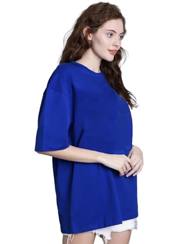 Image of LEOTUDE Women's cotton Oversized Fit Oversized Half Sleeve Tshirt, Round Neck Longline Drop Shoulder Solid T-Shirt