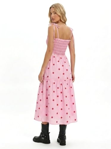 Image of Women Floral Embroidered Maxi Dress Boho Sleeveless Tie Strap Shoulder Dresses Smocked Summer Sundress with Pockets
