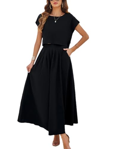 HangNiFang Summer Skirt Sets Women 2 Piece Outfits Cap Sleeve Top Elastic Waist Maxi Dress Sets with Pockets(1218-BlackX1-XL)