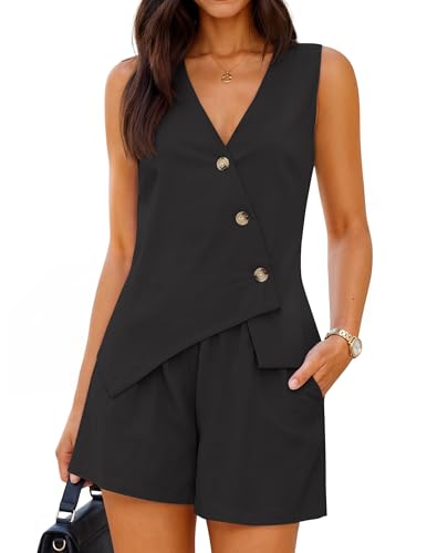 ZESICA Women‘s Summer 2 Piece Linen Short Sets 2026 Sleeveless