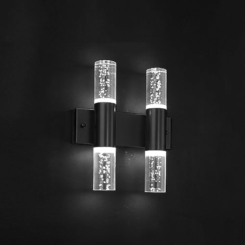 Applique murale LED double diffusion cylindre verre bullé or et noir