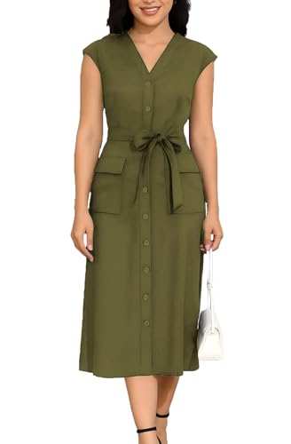 Image of DeftSharp Women's V Neck Workday Dresses Button Down Swing Midi Shirt Dress with Pockets