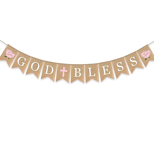 Flower God Bless Banner Baptism Burlap Garlands Girl Pink Cross Floral First Communion Christening Decoration