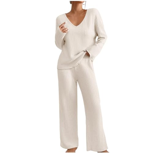 Komiseup Hausanzug Damen Gerippt Lounge Set Winter Strick Loungewear Set Elegant Einfarbig Jogginganzug Zweiteiler Strickanzug V-Ausschnitt Homewear Weite Hosen mit Taschen Nachtwäsche Hauskleidung