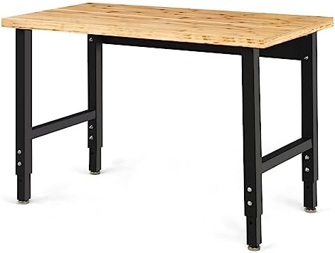 Goplus Adjustable Workbench, 48" 2000Lbs Bamboo Top Work Bench for Garage, Heavy-Duty Steel Work Table Hardwood Workstation, Easy Assembly
