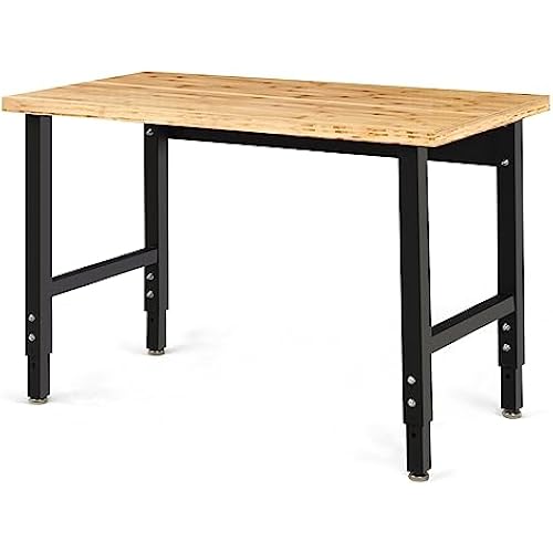 Goplus Adjustable Workbench, 48" 2000Lbs Bamboo Top Work Bench for Garage, Heavy-Duty Steel Work Table Hardwood Workstation, Easy Assembly