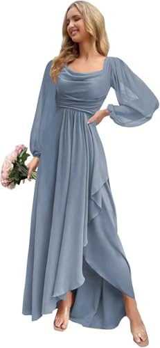 Women's Long Sleeve Bridesmaid Dresses with Slit Flowy Chiffon Cowl Neck Wedding Guest Dress A Line Maxi Dress PU2114