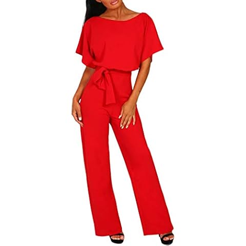 Lulupi Women's Vintage V Neck Harems Jumpsuit Short Sleeve Overalls Long Playsuit Trousers Pants Rompers Dungarees Summer Party Holiday Home Leisure Red Cover