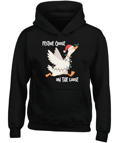 Image of Hippowarehouse Funny christmas Festive goose on the loose kids children's unisex Hoodie hooded top kids children's unisex Hoodie hooded top 12-13 years Black