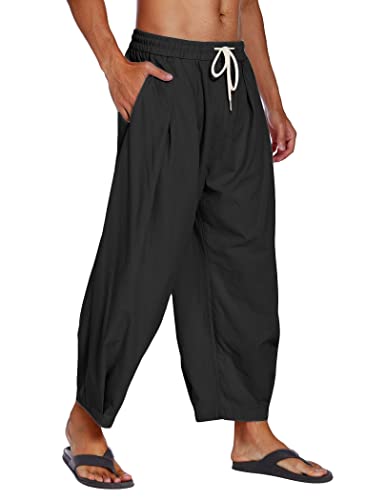 Coofandy Men's Cotton Linen Pants Loose Fit Lightweight Beach Pants Elastic Waist Casual Yoga Pants Black #TOP3
