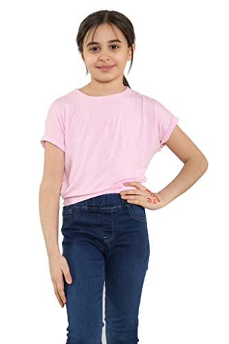 Girls Batwing Crop Top Shirt Roll Up Sleeves Baby Pink - 11-12 Years