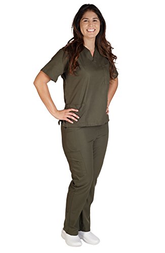 Natural Uniforms Solid V-Neck Women's Scrub Set Medical Scrub Tops and Pants (Medium, Olive)