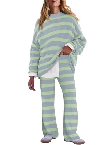Image of LAMISSCHE Oversized Womens Lounge Set Striped Sweater Set Long Sleeve 2 Piece Pajama Set Top and Pants with Pockets