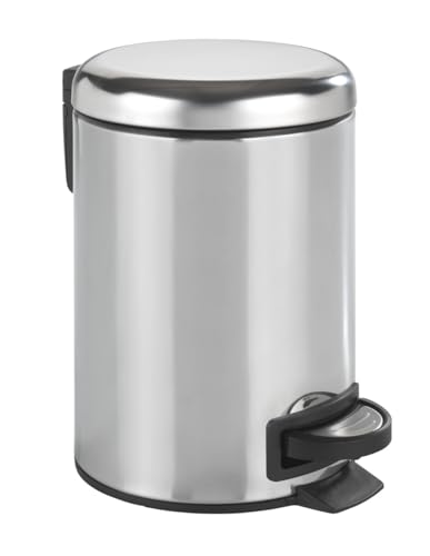 WENKO Poubelle cosmétique à pédale Leman inox brillant | Anti trace | 3 litres | Petite poubelle pour salle de bain avec support à sacs poubelle intégré...