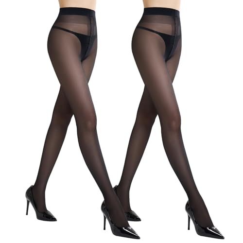 MANZI 2 Pairs Sheer Tights for Women 40 Denier T-Crotch Pantyhose Sheer to Waist Tights High Waist Stockings Small-Medium 2 Pairs Black