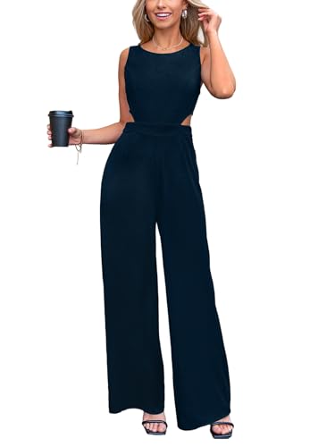 CUPSHE Damen Jumpsuit Ausschnitt Rundhals Ärmellos Overall Rückenfrei Lang Breites Bein Lässig Elegantes Playsuit, marin...