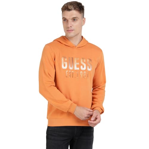 Image of GUESS Orange Cotton Blend Printed Pullover Sweatshirt